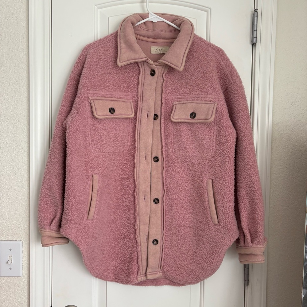 Chelsea & Violet Women’s Pink Heavy Button Down Double Pocket Sherpa Shacket - L
